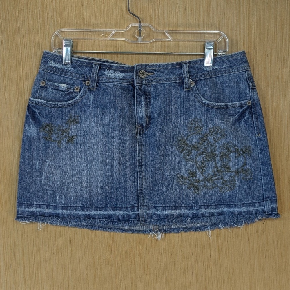 Womens Y2K Boho Festival Embroidered Denim Mini Skirt Distressed Juniors 13 Blue